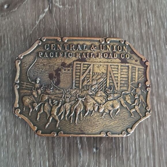 VTG Napoleon Empereur Brass Belt Buckle Central & Union Pacific Railroad Cattle - Picture 1 of 6